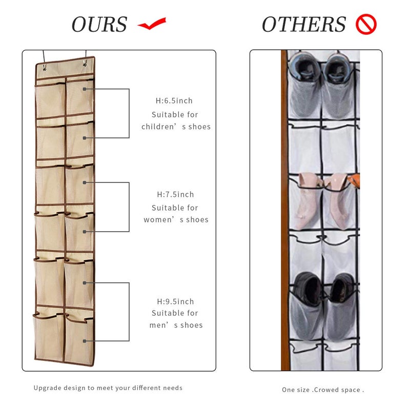 KEEPJOY Over The Door Shoe Organizer,Hanging Shoe Organizer 12 Mesh Pockets Shoe Organizer for Closet,Works Well for Men and Woman Kids Shoes Storage, 57.5Ã—12.6inch(Beige) - Image 2